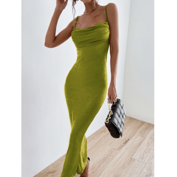 Backless Green Cowl Neck Long Slim Dress - Picture 9 of 15